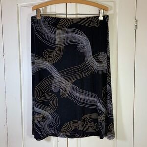 Calison A-Line Midi Skirt Black Abstract Swirl Print XL Made USA Stretch Career‎